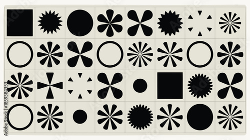Geometric grid pattern with various black shapes on white background, vector illustration for graphic design
