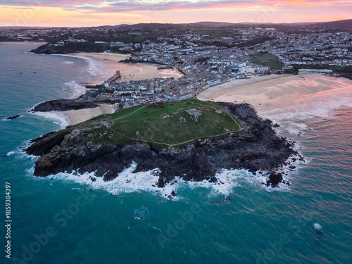 Vibrant twilight elevated capture of St Ives town, bay and beaches in Cornwall, UK