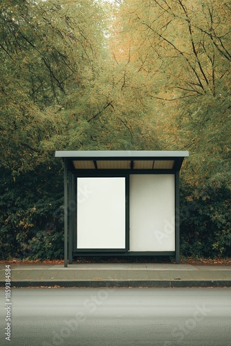 Minimalist urban bus stop with blank advertising panel mockup on street, surrounded by trees