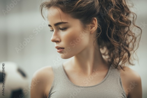 Pensive young woman with curly brown hair tied in ponytail, looking down. Blurry soccer ball in foreground, athletic or sports environment
