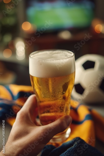 Man's hand holding refreshing glass of beer, watching soccer match on blurred television screen in background, with soccer ball nearby