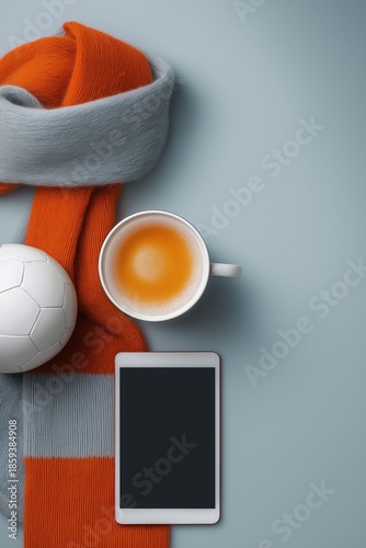 Soccer ball, knitted scarf, warm beverage in mug, and modern digital tablet on light blue background. Perfect for sports and leisure themes
