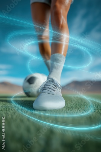 Soccer player's foots next to ball on green grass field, enhanced with glowing blue light trails, under clear sky with mountains
