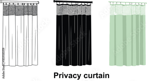 Set of privacy curtain illustrations showing different styles and colors for medical or personal spaces isolated on white background