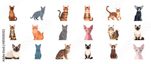 Set of cartoon vector illustrations of various cat breeds in sitting poses with transparent background
