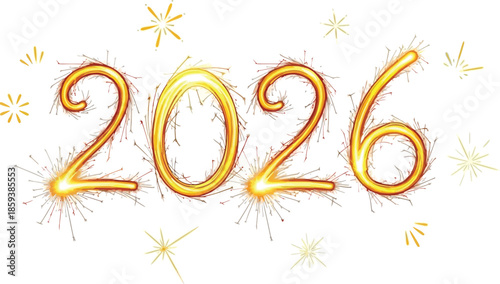Sparkling golden numbers 2026 with festive fireworks on white background