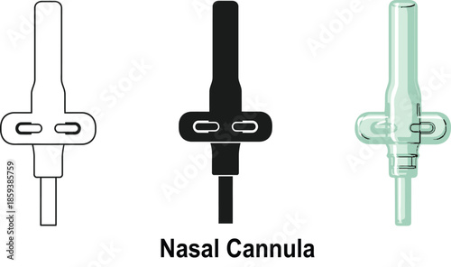 Set of nasal cannula icons in outline black and green colors representing medical equipment for oxygen therapy isolated on white background
