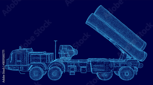 A 3D wireframe model of a military missile launcher truck on a blue background, featuring detailed vehicle and weapon outlines.