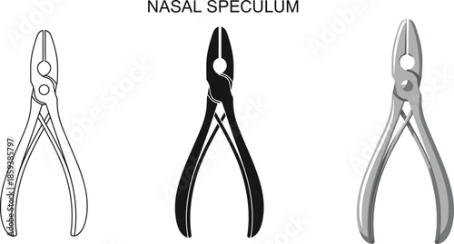 Set of nasal speculum instruments medical tools for ENT examination vector illustration in outline silhouette and realistic styles isolated on white