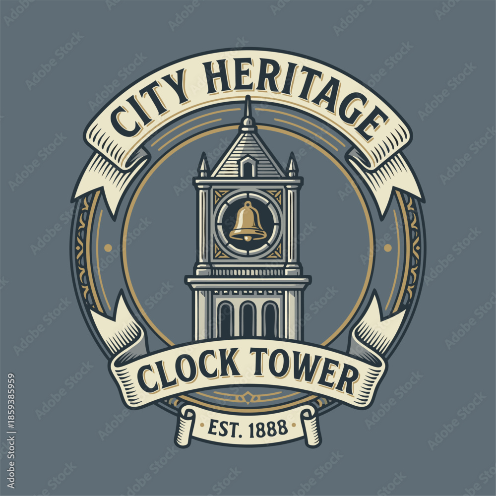 Obraz premium City Heritage Clock Tower Emblem Est 1888.
