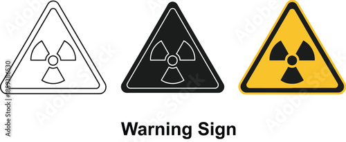 Collection of radiation warning symbols including outline solid black and yellow hazard signs representing danger and safety alerts
