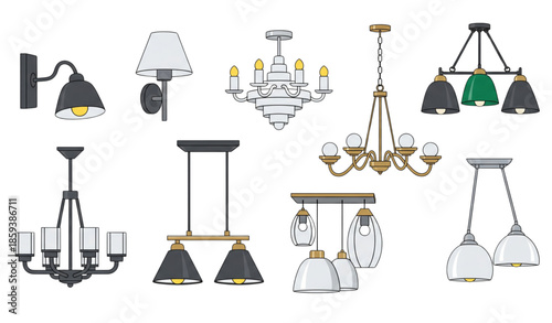 Decorative lamp vector icon set with wall lamps and chandeliers isolated on white background