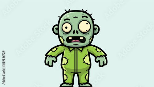Cartoon Zombie Character Illustration with Green Skin and Stitched Outfit.