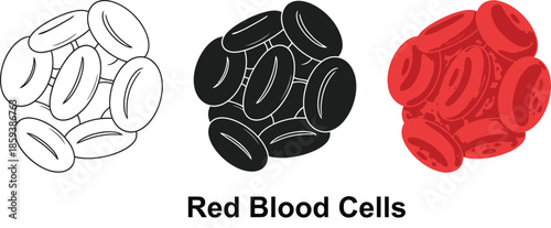 Collection of red blood cells in outline black and red vector illustrations representing medical concepts and science