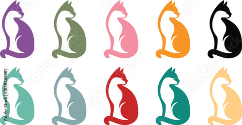 Side profile cat silhouettes in various colors, Colorful feline profile silhouette set