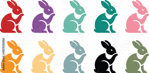 Colorful rabbit icons in sitting poses bunny set, Multicolor bunny and hare sitting icons