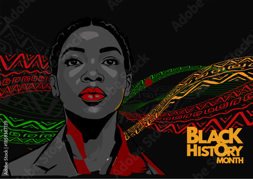 Black history month, vector illustration with african woman portrait and ethnic pattern, banner, poster, card