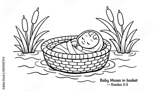 Baby Moses floating in a basket among reeds by the river in an outline illustration