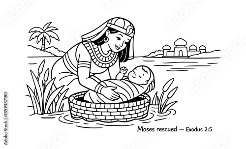 Illustration of Moses being rescued from the Nile River by Pharaoh's daughter