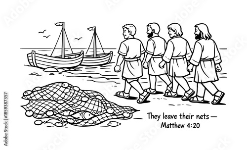 Jesus calls disciples to follow him leaving their fishing nets behind