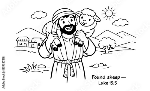Joyful shepherd carries lost sheep on shoulders in a pastoral landscape