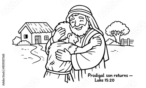 The prodigal son returns home and is embraced by his father in a heartwarming reunion
