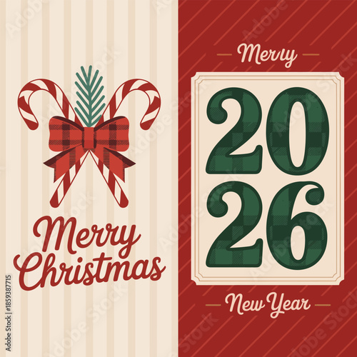 Retro-style merry christmas and happy new year 2026 greeting card illustration with candy canes