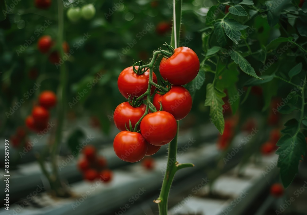 Obraz premium Close up of perfect, ripe red tomatoes growing on the vine inside a warm, steamy agricultural hothouse environment ,macro ,organic ,food production