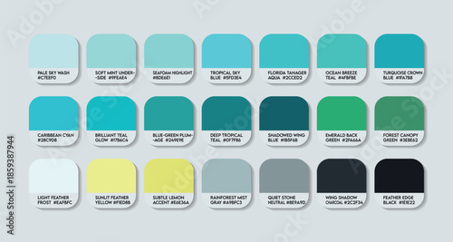 Tangara florida Color Palette with HEX Codes. Emerald tanager color Palette with names. theal mix animal colour tone switch. green with blue mixed color shades for fashion business. aqua color tones
