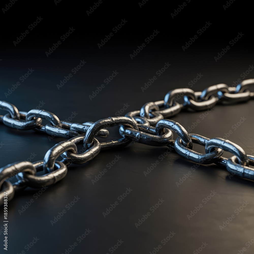 Obraz premium Cold, polished metallic shackles and heavy chain links symbolizing enforced servitude, captivity, and oppressive industrial labor conditions ,incarceration ,tyranny ,confinement