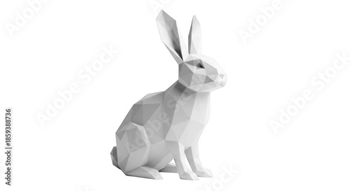 White low poly rabbit sculpture sitting on black background geometric animal