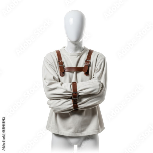 White mannequin wearing a straitjacket with brown leather straps against a black background restraint