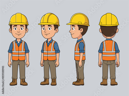 Construction worker character set front side back view.