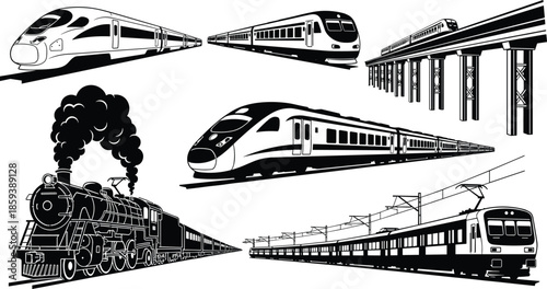 Train evolution illustration, steam locomotive, electric train, high-speed rail, commuter transport, railway infrastructure, vintage engine, modern transit, transportation history