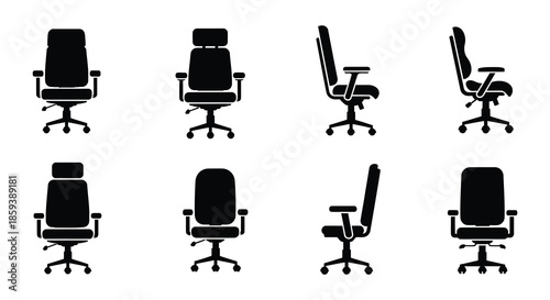 Collection of office chair silhouettes in various styles and perspectives