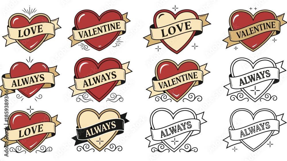 Obraz premium Diverse Creative Heart Symbols Collection: Romantic and Kawaii Love Icon Set