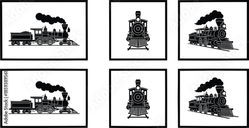 Vintage steam locomotive illustration set, black and white train sketch, historical railway engine drawing, retro transport artwork, antique framed graphic