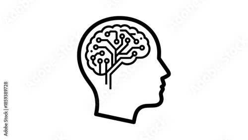 A simple line drawing of a human head in profile with a visible brain and neural connections.