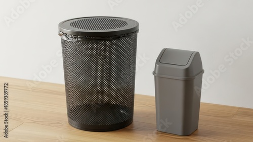 Black Metal Mesh and Grey Plastic Trash Bins for Office Waste