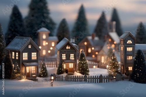 A charming and festive winter village scene, adorned with twinkling lights and snow-covered rooftops, evokes warmth and nostalgia, perfect for the holiday season.