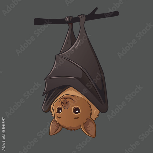 Cute Bat Hanging Upside Down on a Branch.