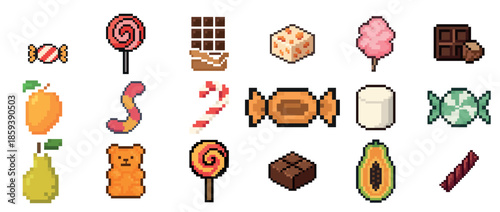 Colorful pixel art: candy, fruits, and sweets collection