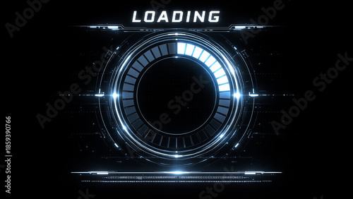 Futuristic circular loading interface with glowing progress ring and digital HUD elements on a dark background. Ideal for technology concepts, software loading screens, user interface design