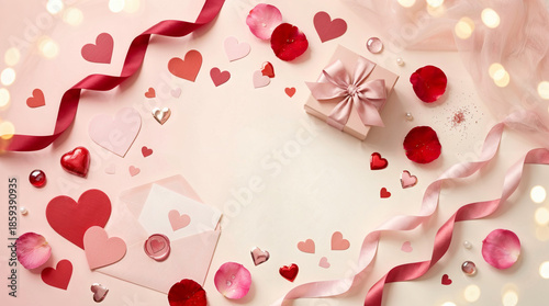 Valentine's Day background with gifts, hearts, and decorations  