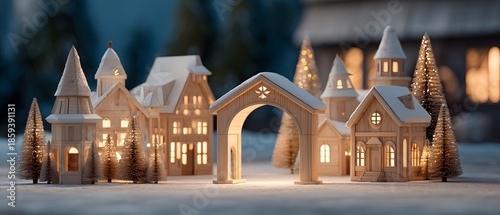 A captivating miniature town, its quaint buildings dusted with a soft layer of snow, welcomes the festive season with a warm glow, creating a serene and magical atmosphere.