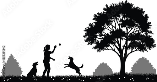 Silhouette of a woman playing fetch with her two dogs in a park with a large tree and bushes, happiness.