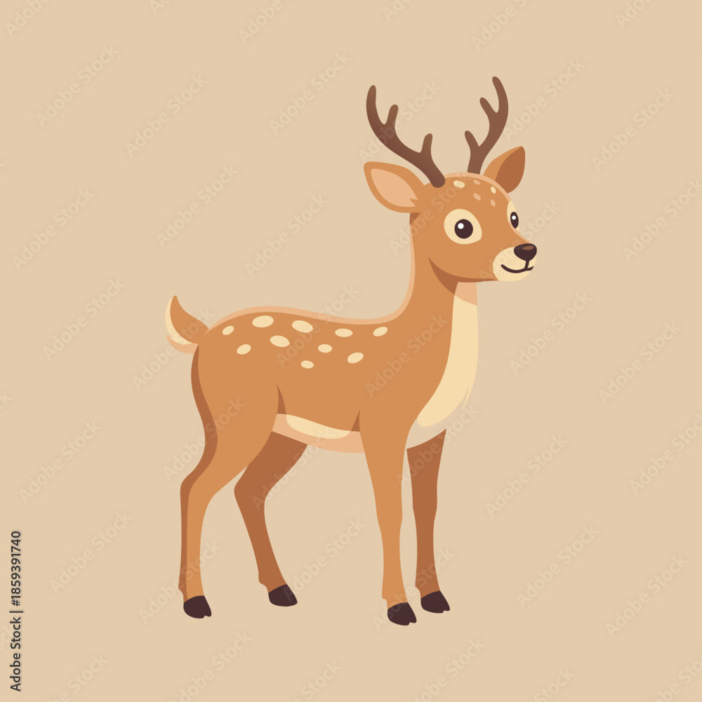 Fototapeta premium Cute cartoon deer with spots and antlers standing.