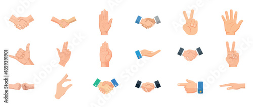 Diverse hand gestures set including handshakes and peace signs