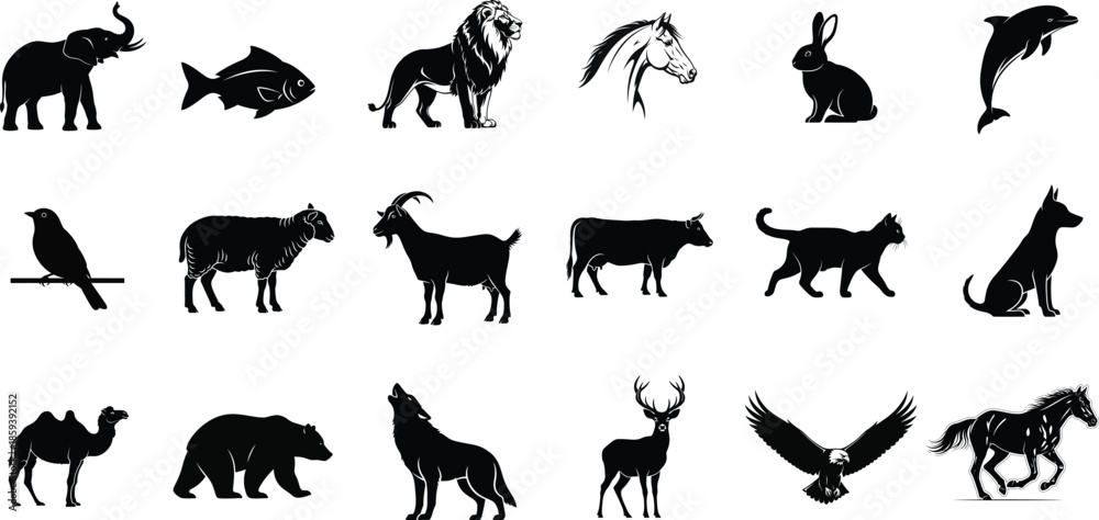Fototapeta premium Collection of various animal silhouettes on white background .