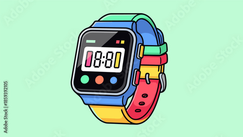 Colorful Smartwatch Displaying Time with Buttons and Multicolored Band.